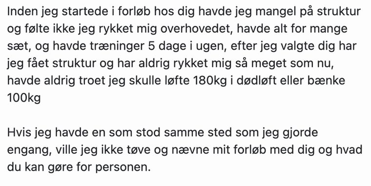 Klientbesked: fik struktur i træningen og løfter nu 180 kg i dødløft efter forløbet